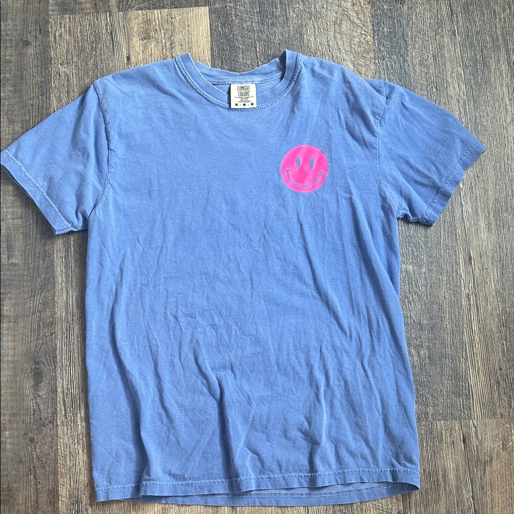 Comfort Colors Blue Tee with Pink Smiley